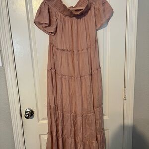 Pink Maxi Sundress with Puff Sleeves and Scoop Neck